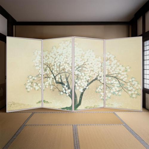 日本画屏風 高さ185cm 四面 / 清姫 入相桜