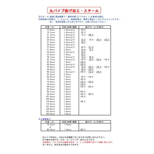 ●鉄製 丸パイプ曲げ型一覧表●曲げ加工可能サイズ表