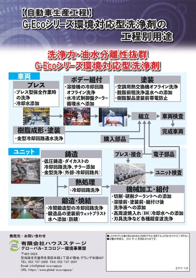 自動車生産工程におけるG-Ecoシリーズ環境対応型洗浄剤の生産工程別用途